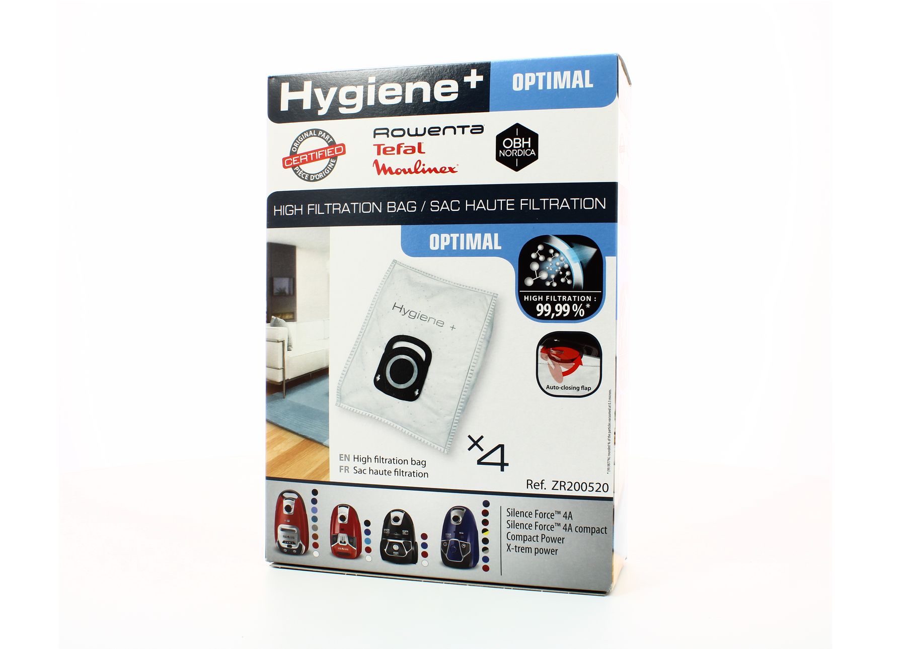 Lot De 4 Sacs Hygiène+ , Compatibles Avec Les Aspirateurs Traineau Compact Power Power Xxl Silence Force X Trem Power Zr200520 Blanc 88700039