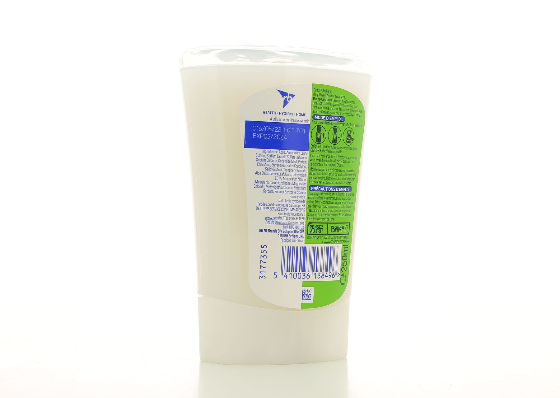 Lot De 6 Flacons Recharge DETTOL No Touch Aloe Vera 250ml - Réf. 3025661-6 - Neuf