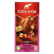 Côte d'Or Chocolat lait raisins & noisettes entières, 180g