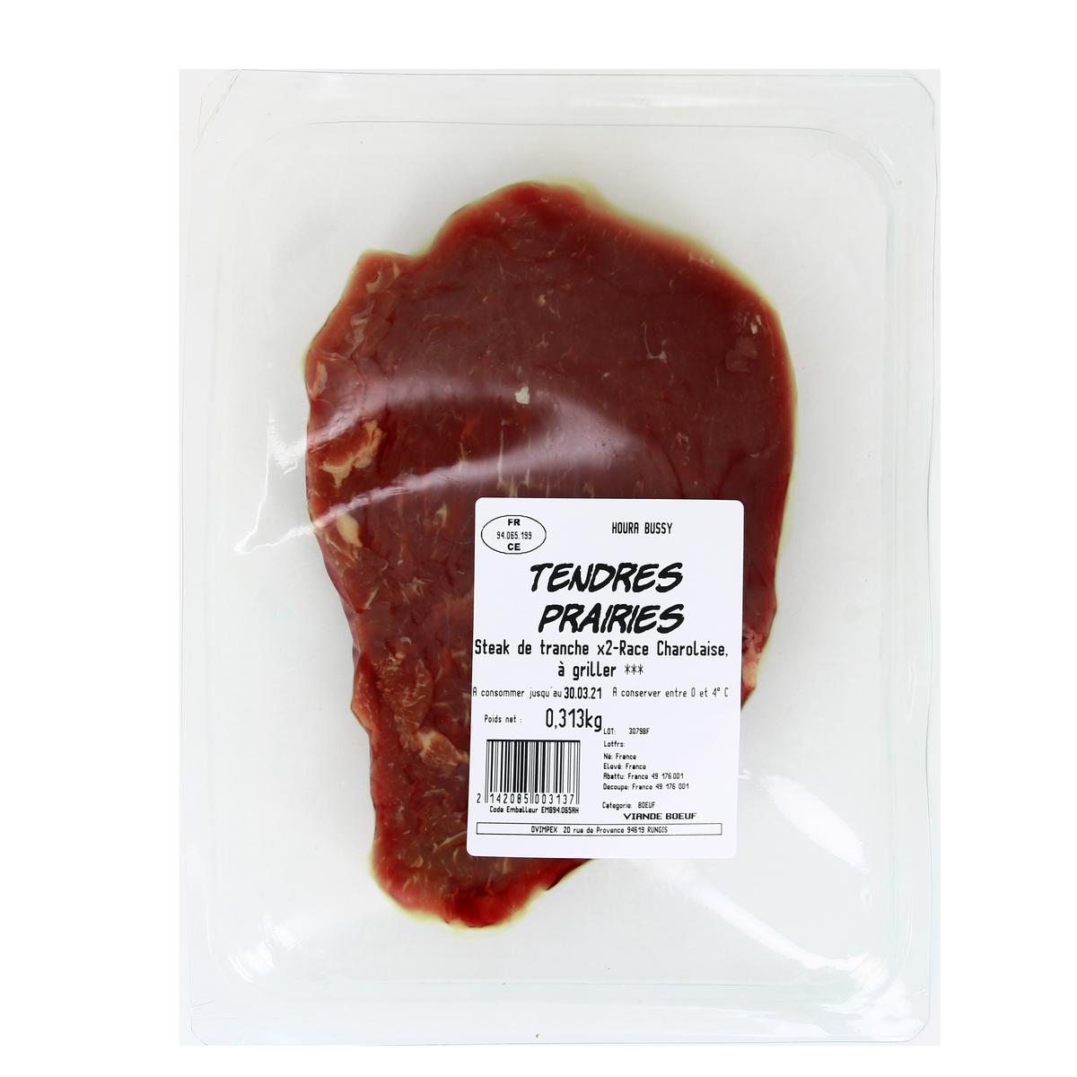 3297579016410 - Aux Tendres Prairies - 2 Steaks de tranche de Boeuf de Race Charolaise à griller 2x160g