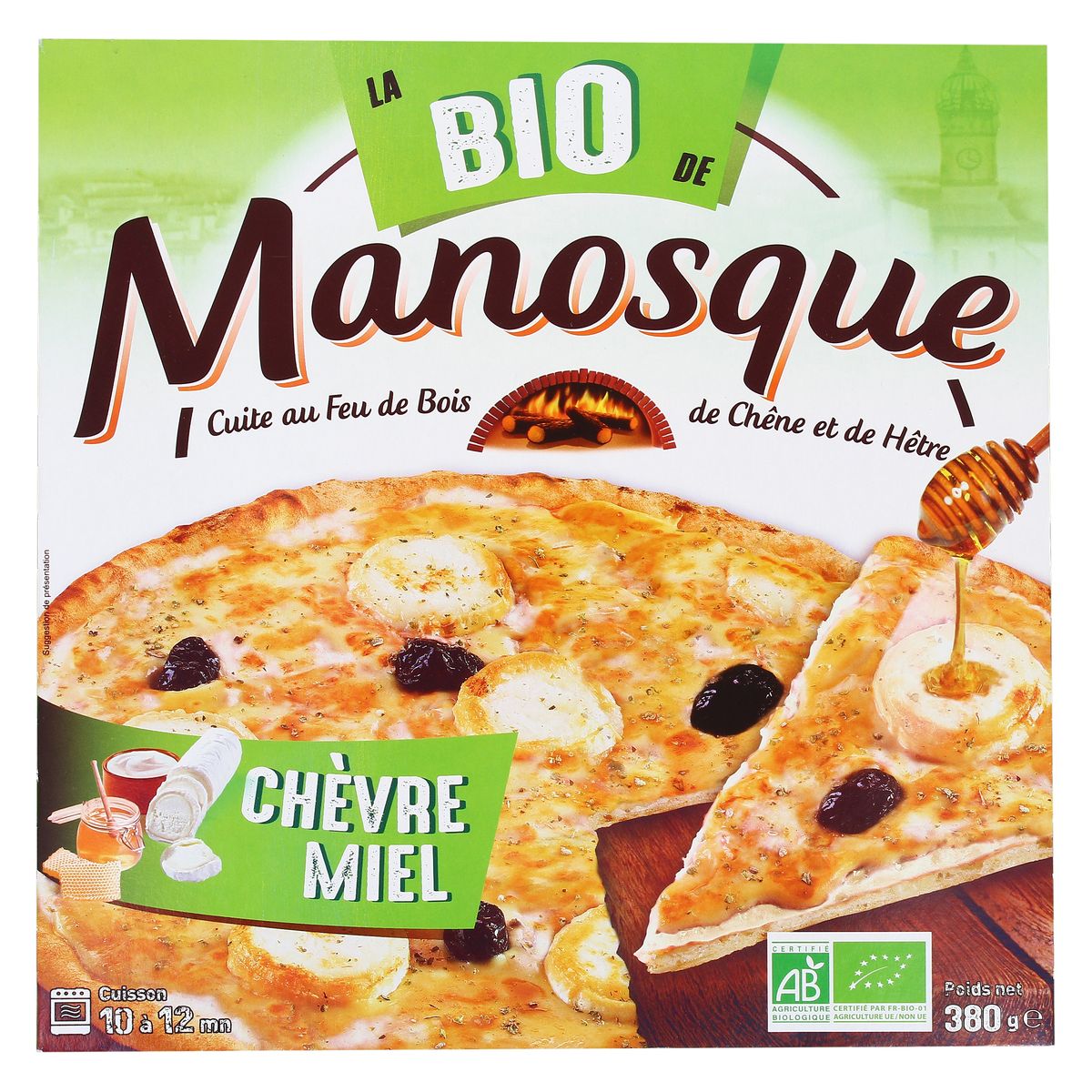 3424600001101 - La Pizza De Manosque - Pizza Bio Chèvre Miel base crème cuite au feu de bois de chêne et de hêtre