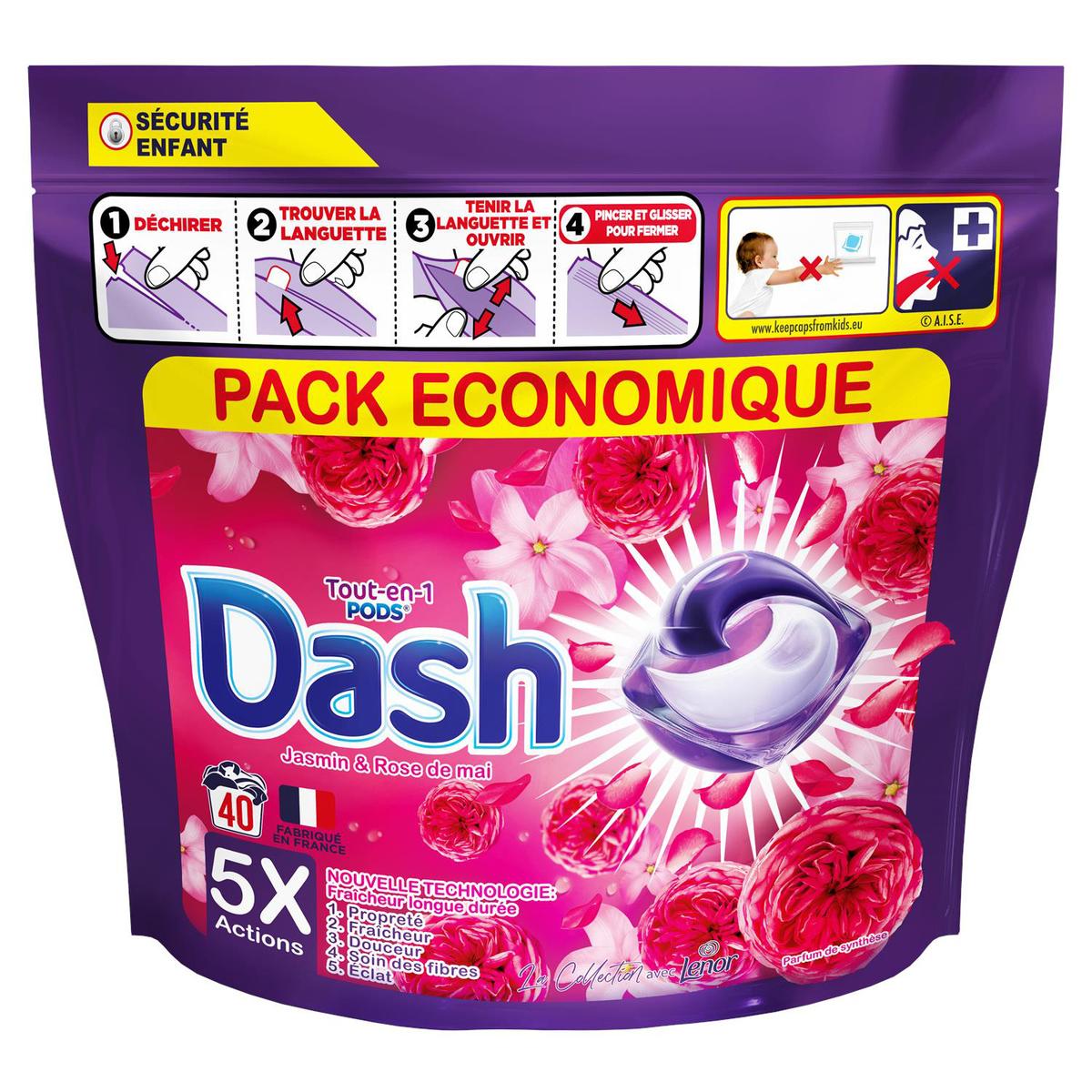 Dash Lessive Capsule Tout-En-1 Pods Jasmin & Rose De Mai, 19 capsules