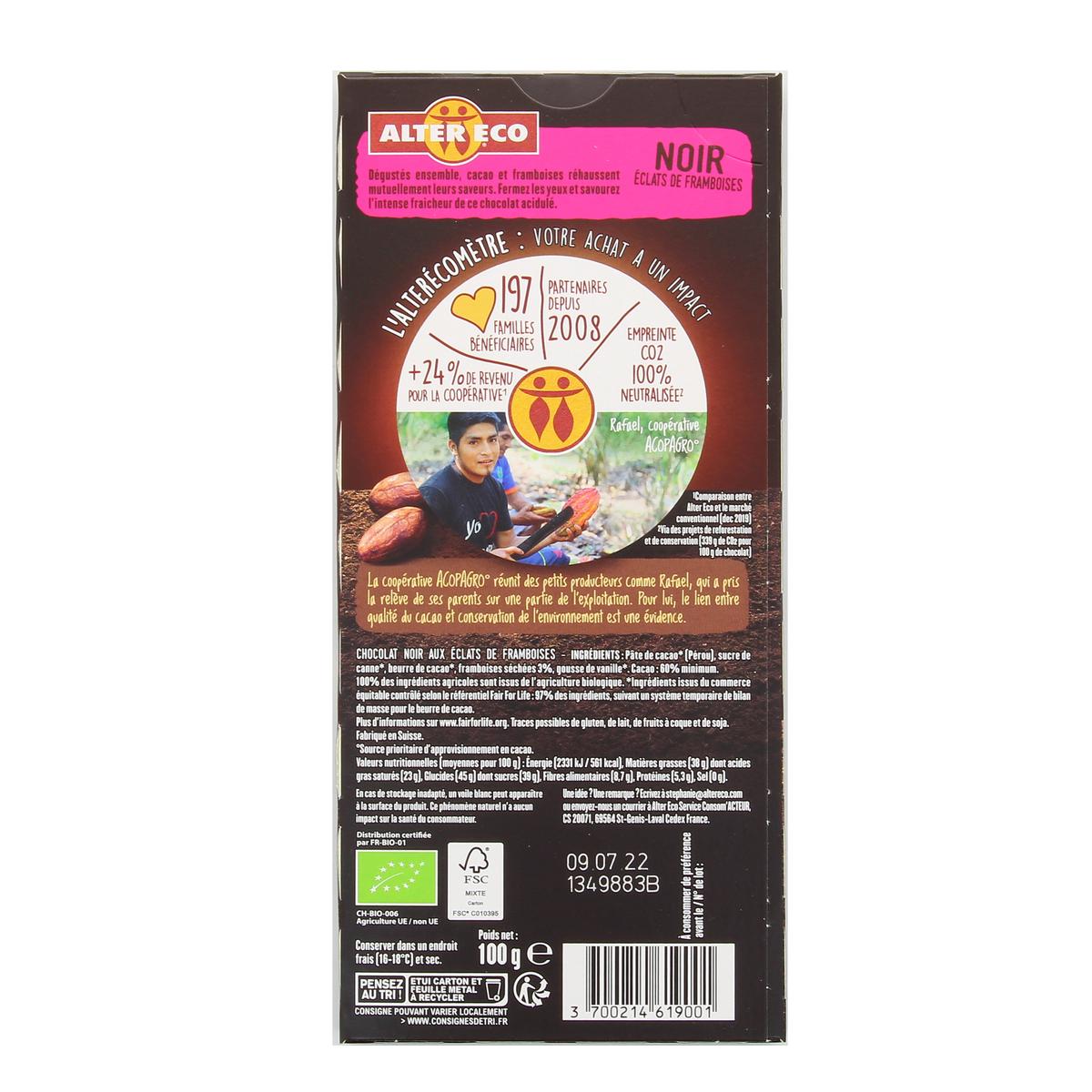 3700214619001 - Alter Eco - Commerce Equitable - Chocolat noir éclats de framboises 60% Cacao Bio du Pérou
