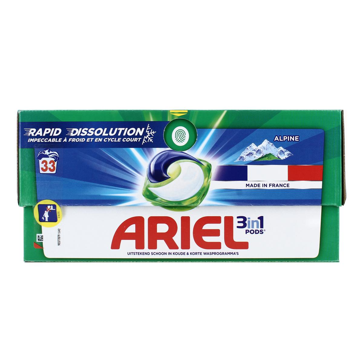 Lessive capsules Ariel Pods 3 en 1 Alpine, boite de 33 doses