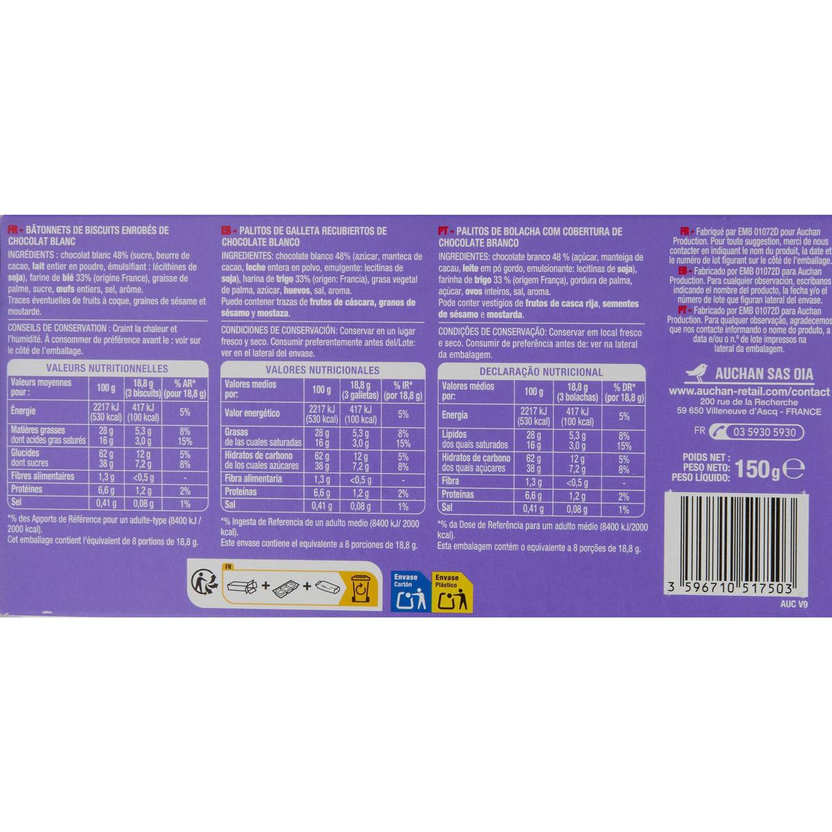 3596710517503 - Auchan - Bâtonnets nappés de chocolat blanc