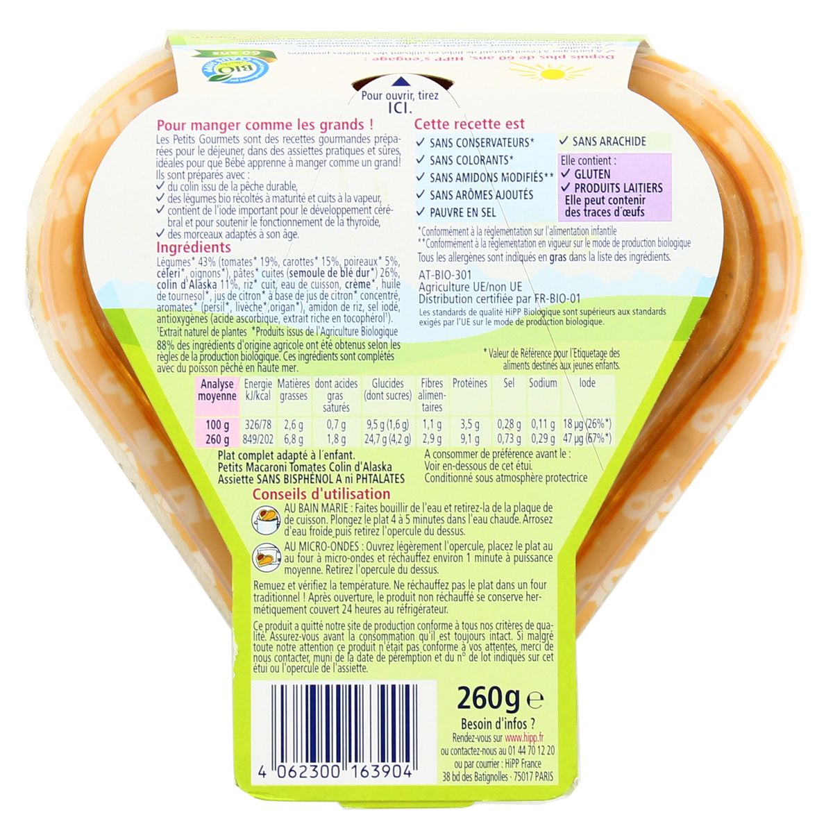4062300163904 - Hipp - Les Petits Gourmets - Petits Macaroni, Tomates, Colin d'Alaska Bio Assiette Bébé Dès 18 mois