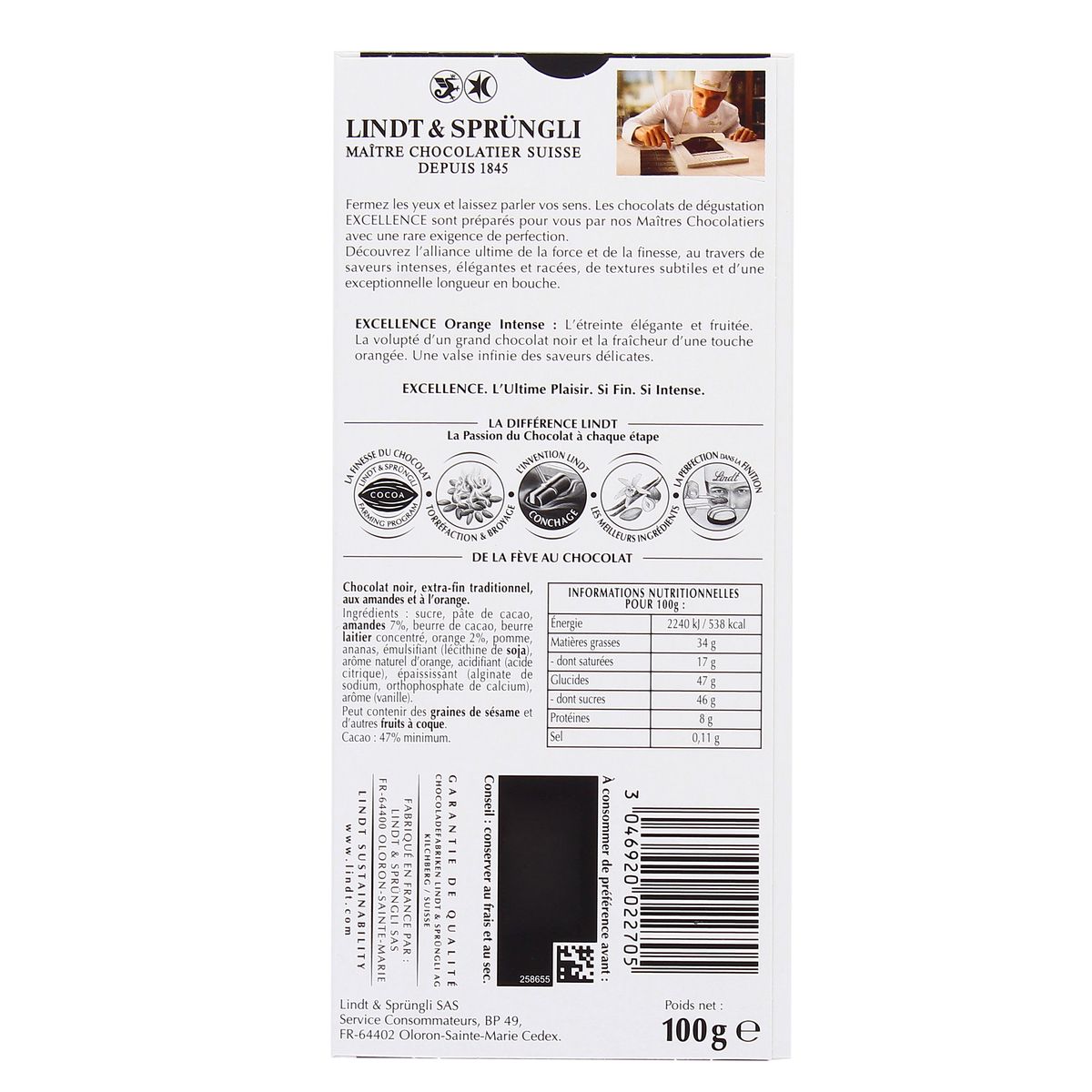 Lindt Chocolat noir EXCELLENCE Orange Intense – Barre - 100 g