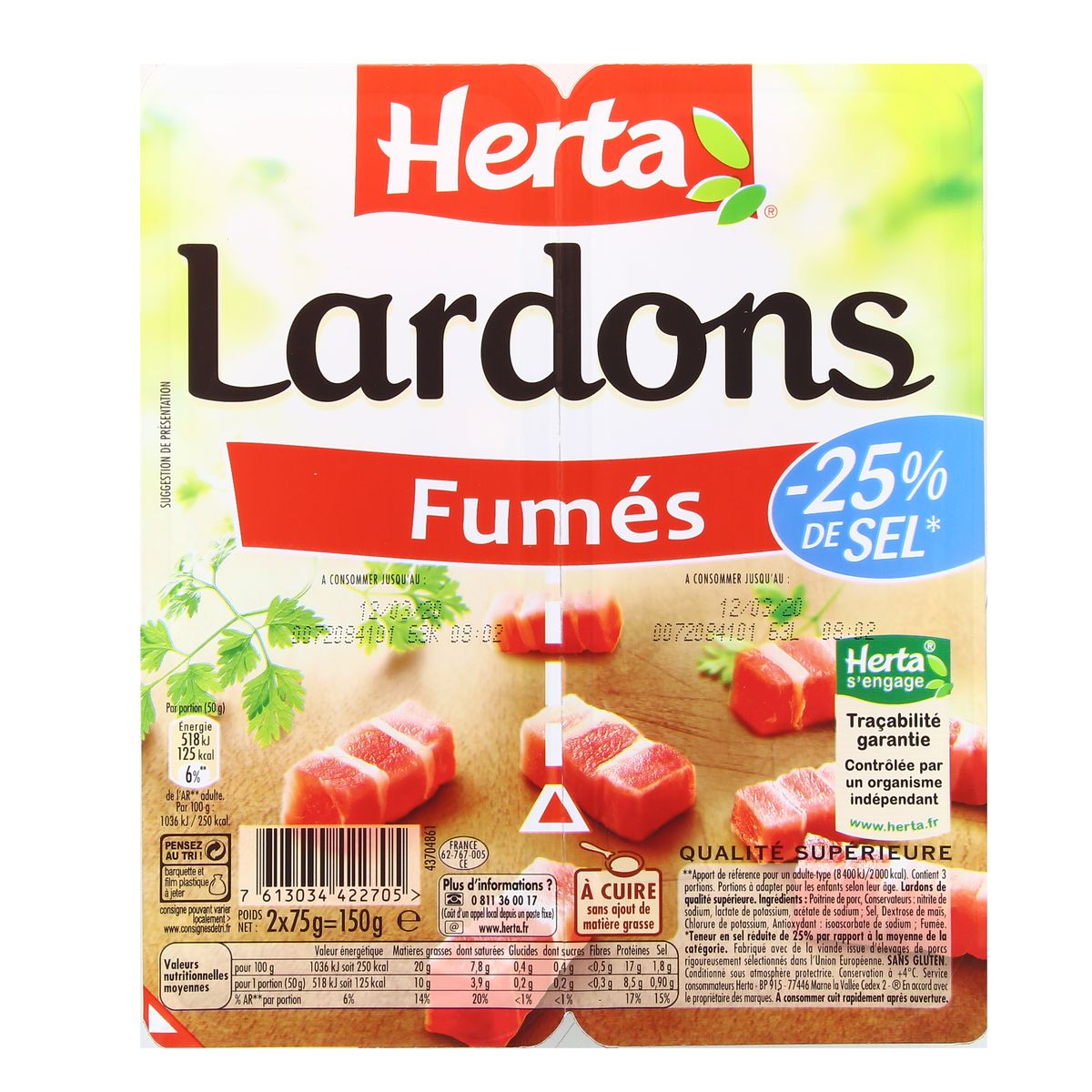 Achat / Vente Herta Lardons Sel Réduits barquettes sécables, 2x75g