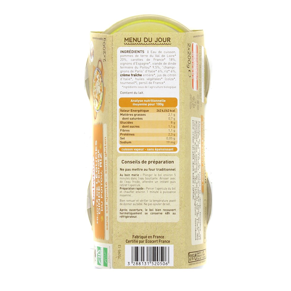 3288131520506 - Babybio - Légumes, Dinde, Riz de Camargue Bio Bol Bébé Dès 8 mois