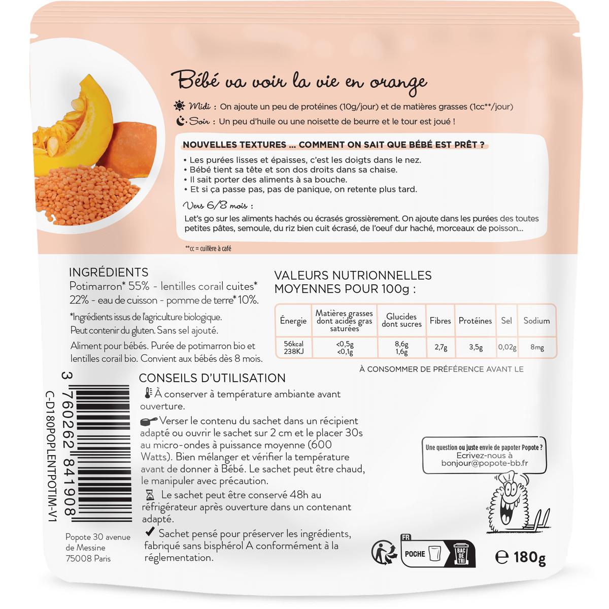 3760262841908 - Popote - Mouliné Potimarron Lentilles de Corail Bio Gourde Bébé Dès 8 mois