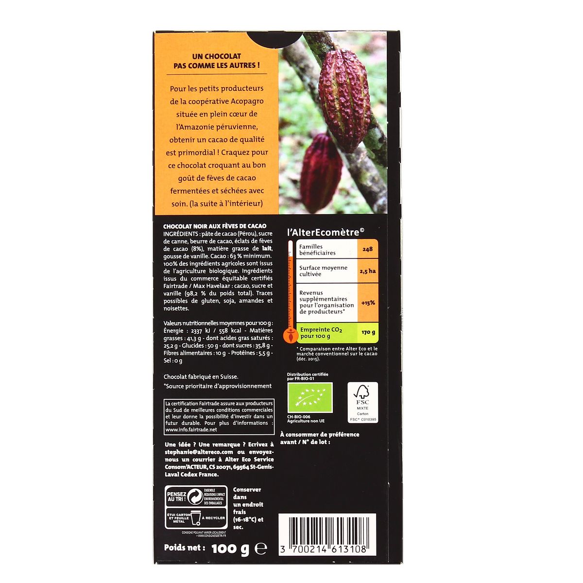3700214613108 - Alter Eco - Commerce Equitable - Chocolat noir éclats de fèves de cacao Bio