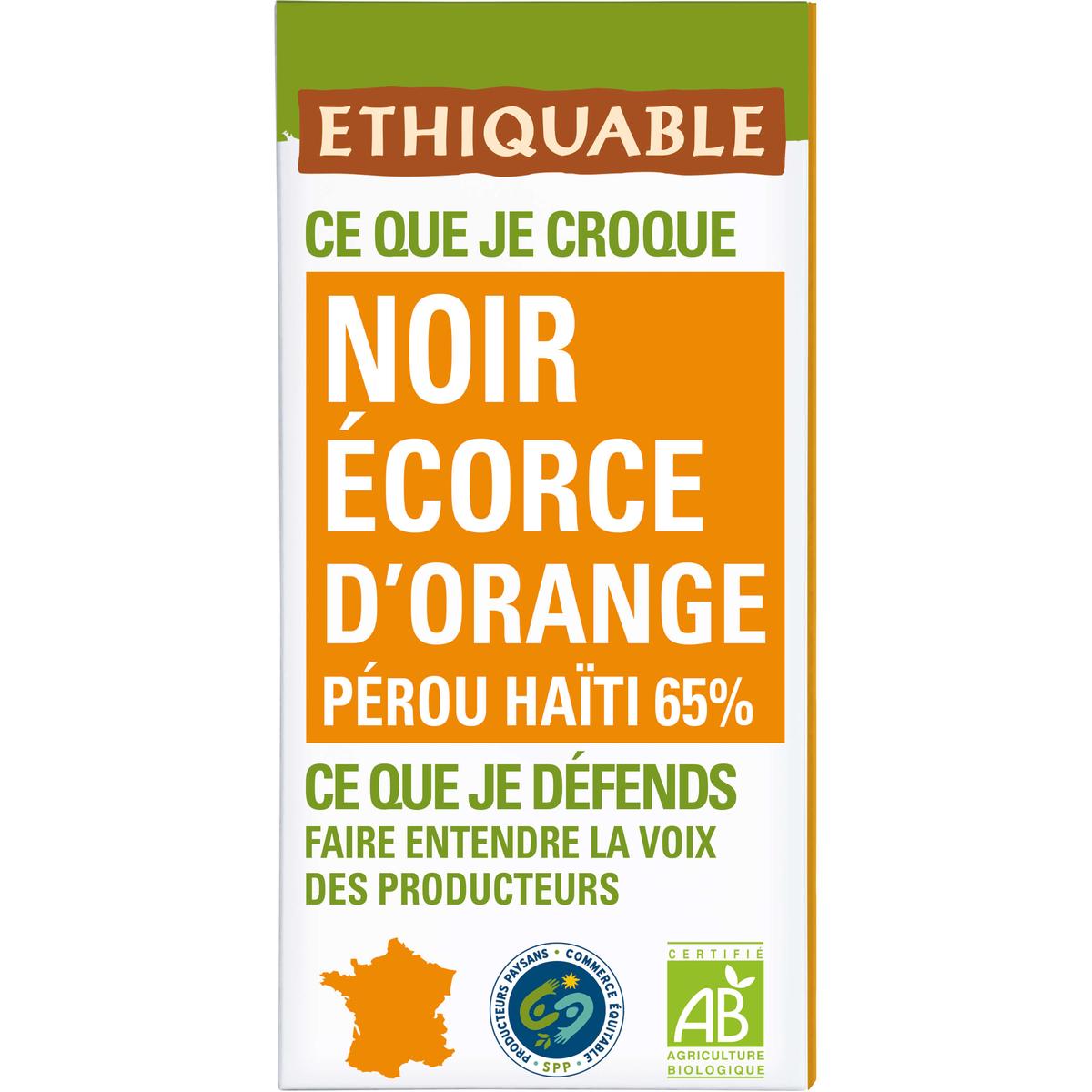 3760091720610 - Ethiquable - Commerce Equitable - Chocolat Noir Orange confite 65% Cacao Bio du Pérou ou Haïti