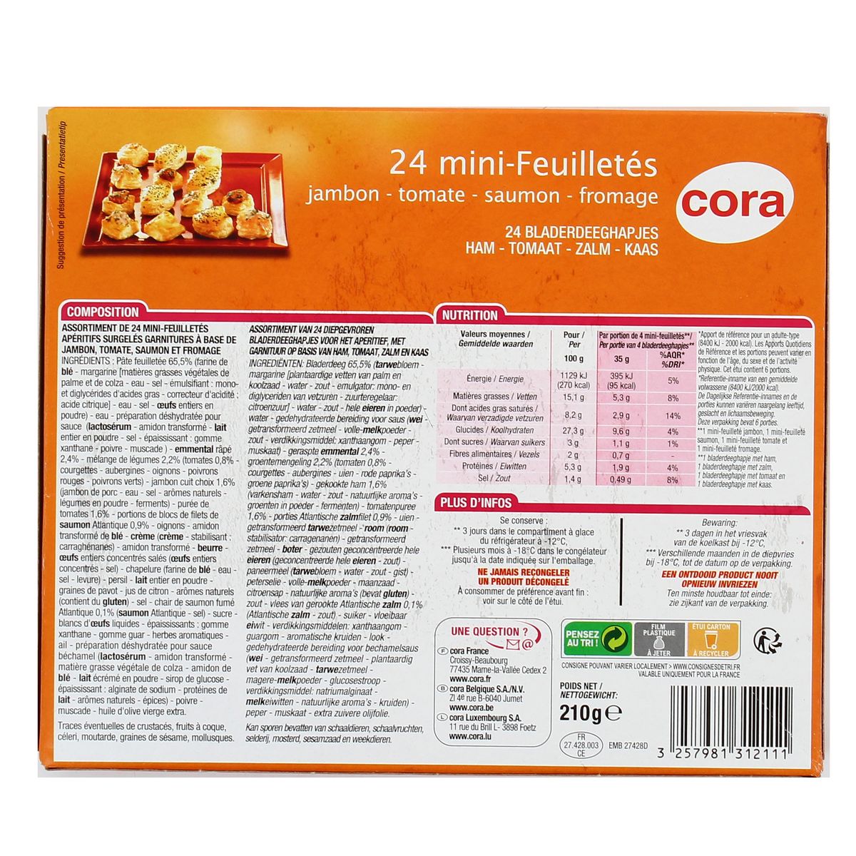 3257981312111 - Cora - 24 Minis feuilletés apéritifs- Jambon, tomate, saumon, fromage