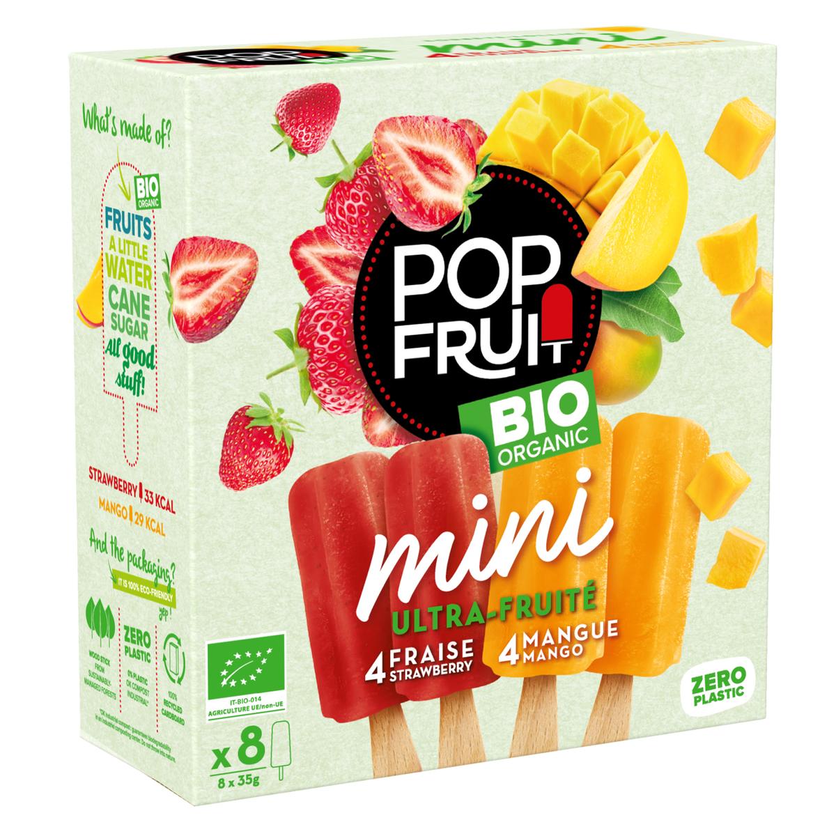 Pop' Fruit 8 Mini Bâtonnets sorbet fraise et sorbet mangue BIO 8x35ml
