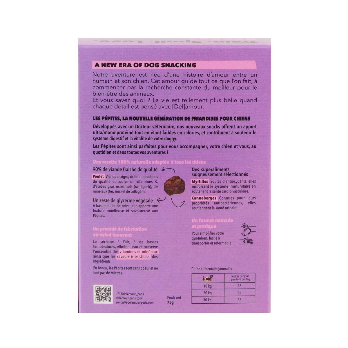 3760407550115 - Delamour - Pépites Bouchées Poulet Myrtilles Friandise Récompense pour chien