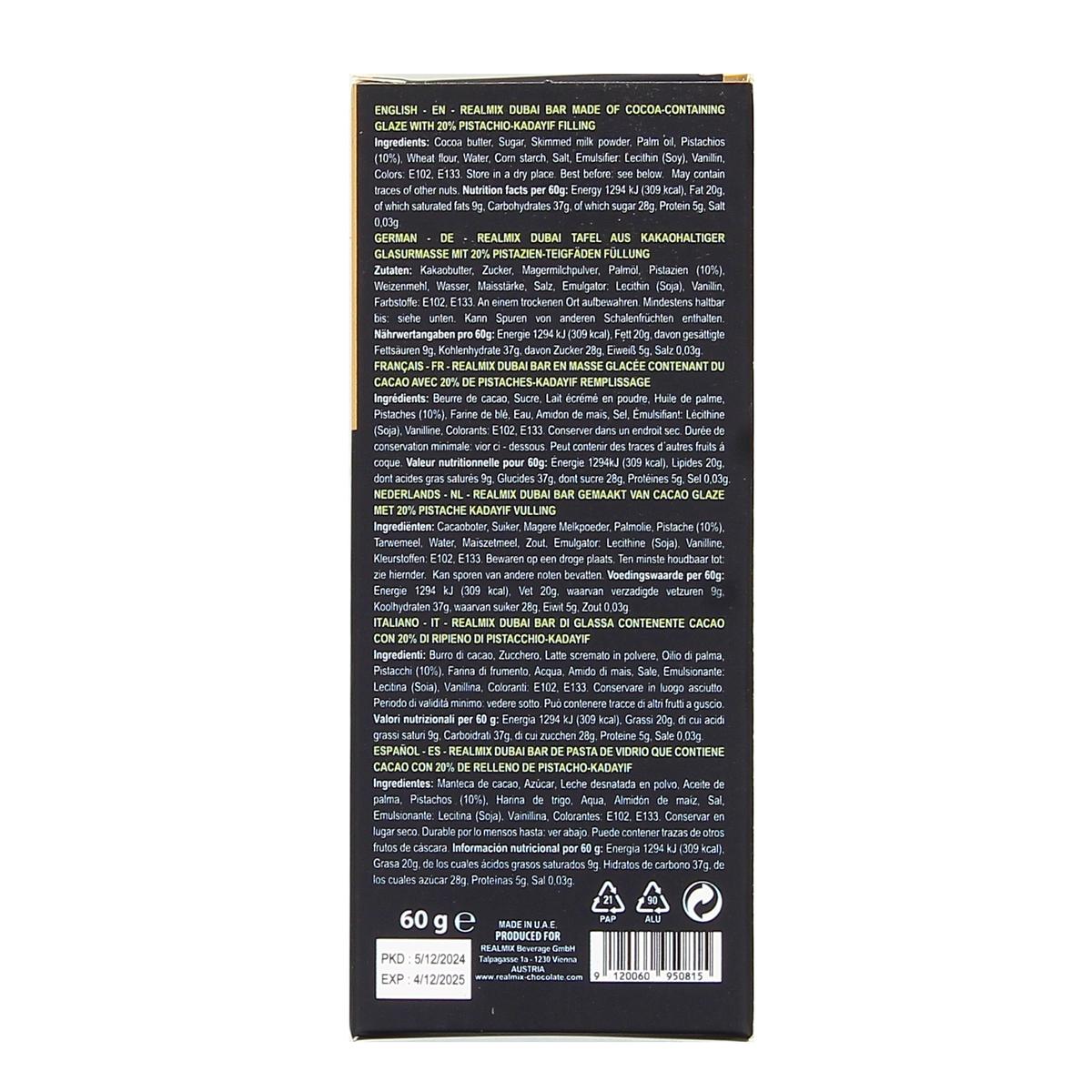 9120060950815 - Realmix - Tablette Chocolat blanc de Dubai fourré pistache et cheveux d'ange