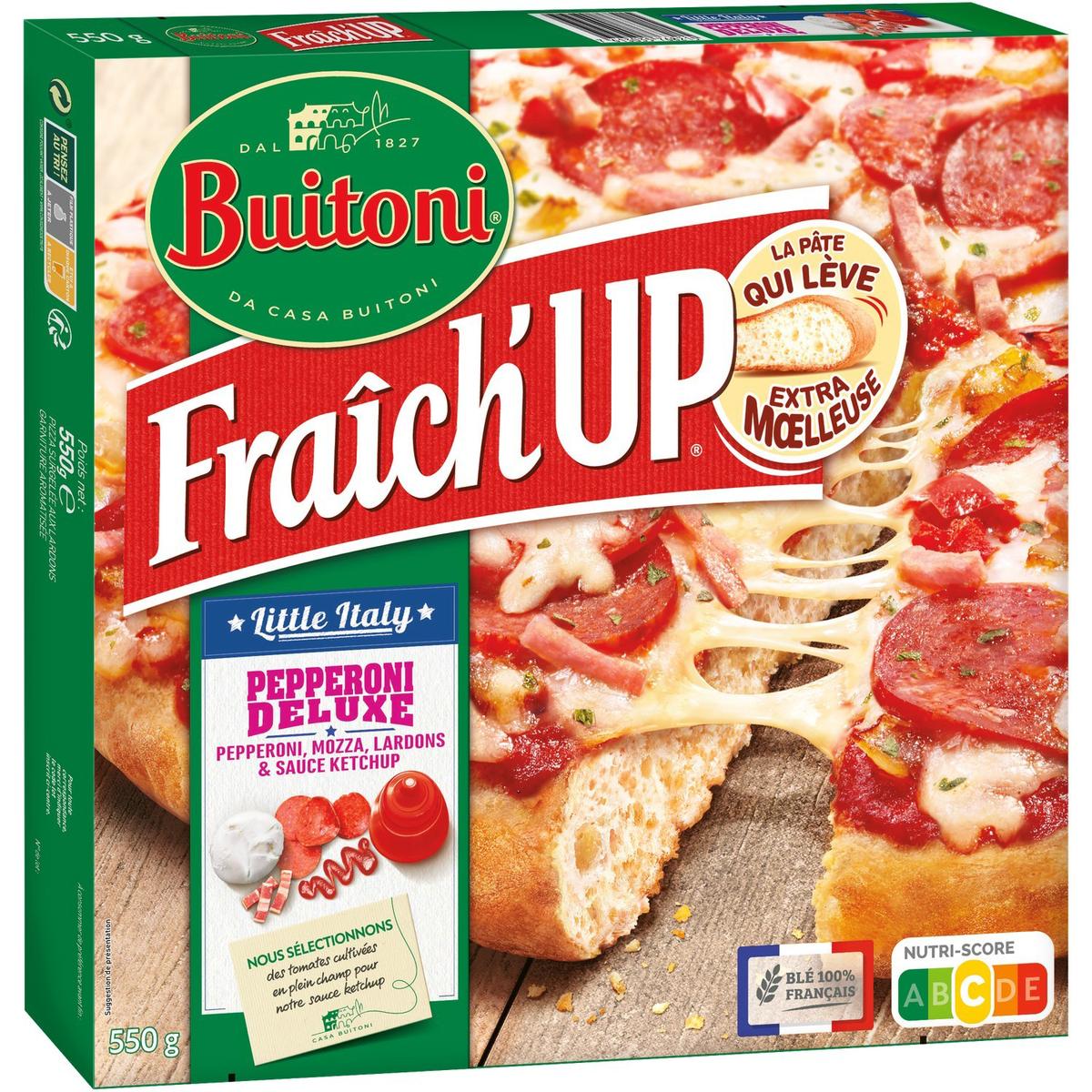 7613035768215 - Buitoni Fraich up - Pizza Little Italy Pepperoni deluxe- Pepperoni, Bacon, Poivron, Pesto rouge et sauce ketchup