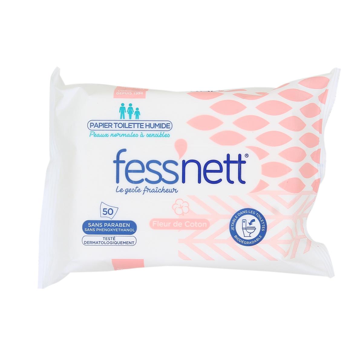 Fess'nett - Papier Toilette Humide Fleur de Coton x50 - Formule testée  dermatologiquement 0% parabène 0% phenoxyethanol - Pour Peaux Normales à