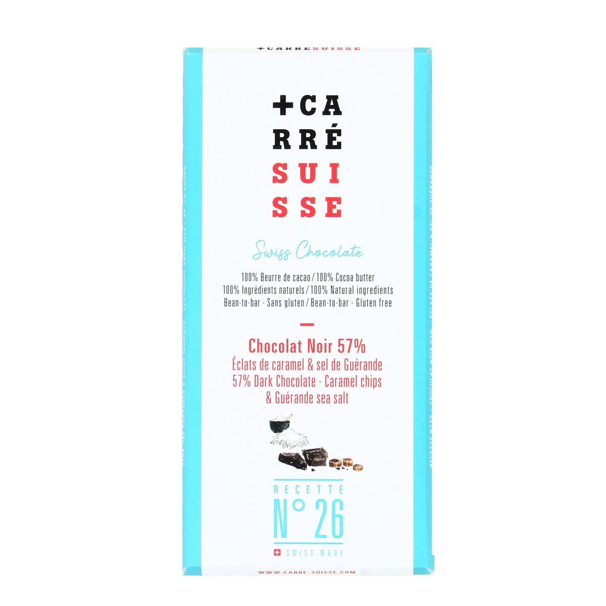 3760289260416 - Carré Suisse - Tabelette Chocolat Noir 57% Pépites de Caramel et Sel de Guérande