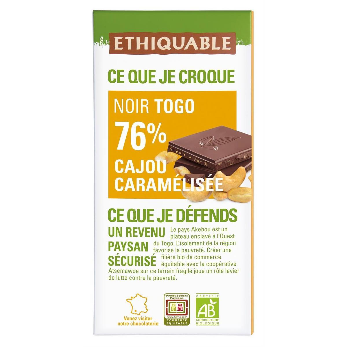3760278868616 - Ethiquable - Commerce Equitable - Chocolat noir 76% Cajou Caramélisée Bio du Togo