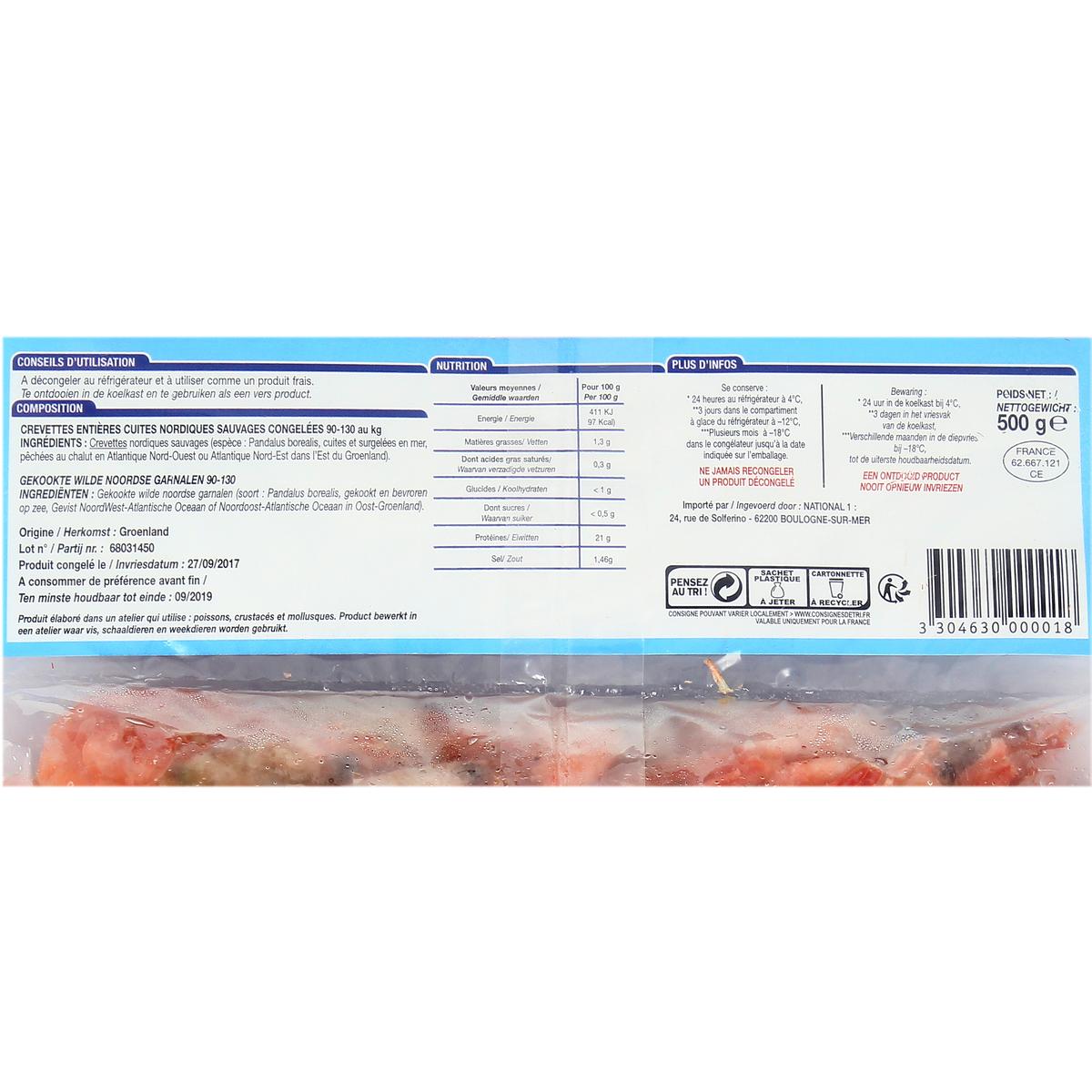 3304630000018 - - Crevettes entières cuites nordiques sauvages 45/65 pièces