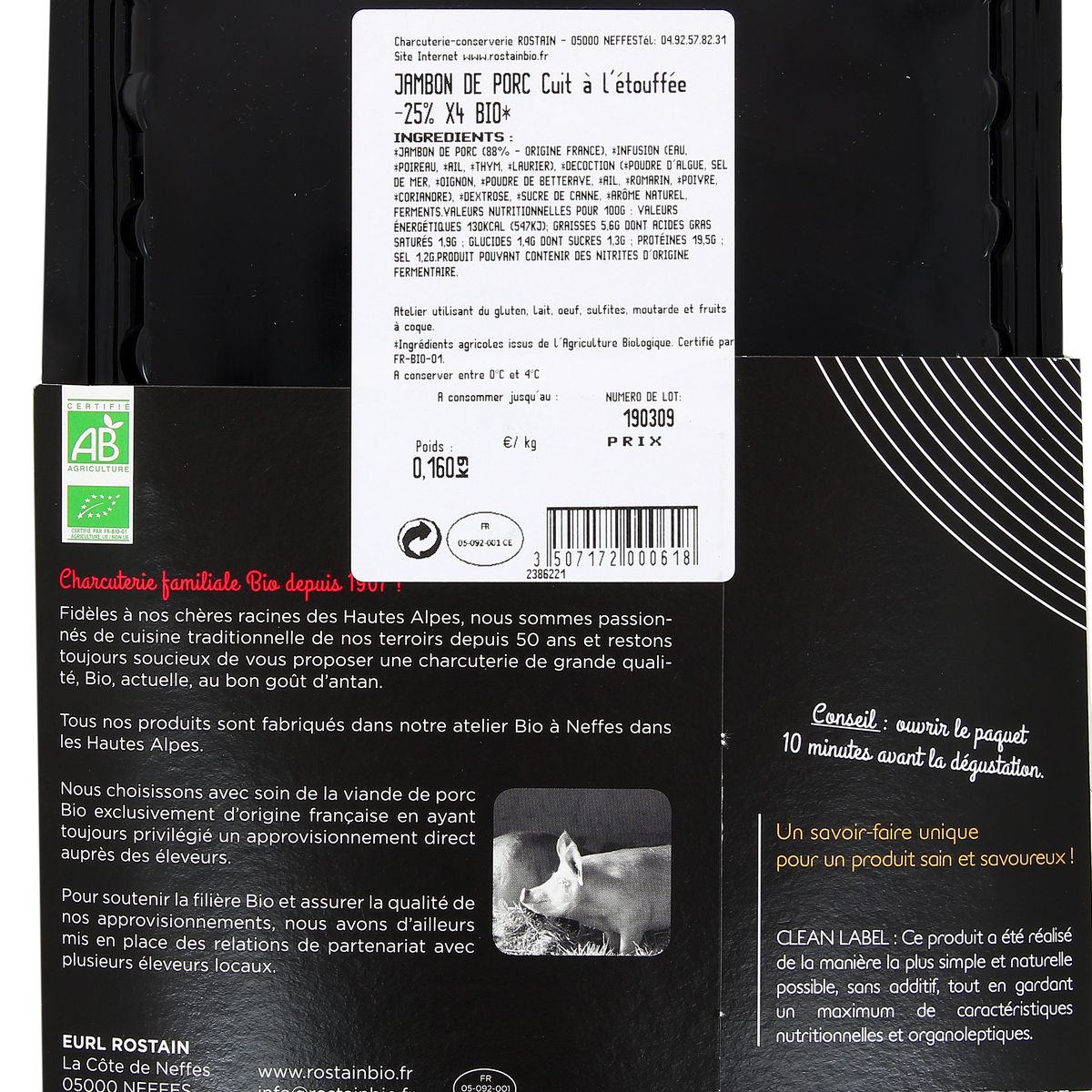 3507172000618 - Rostain - Jambon Bio -25% de Sel, sans Nitrite ni Nitrate Ajouté