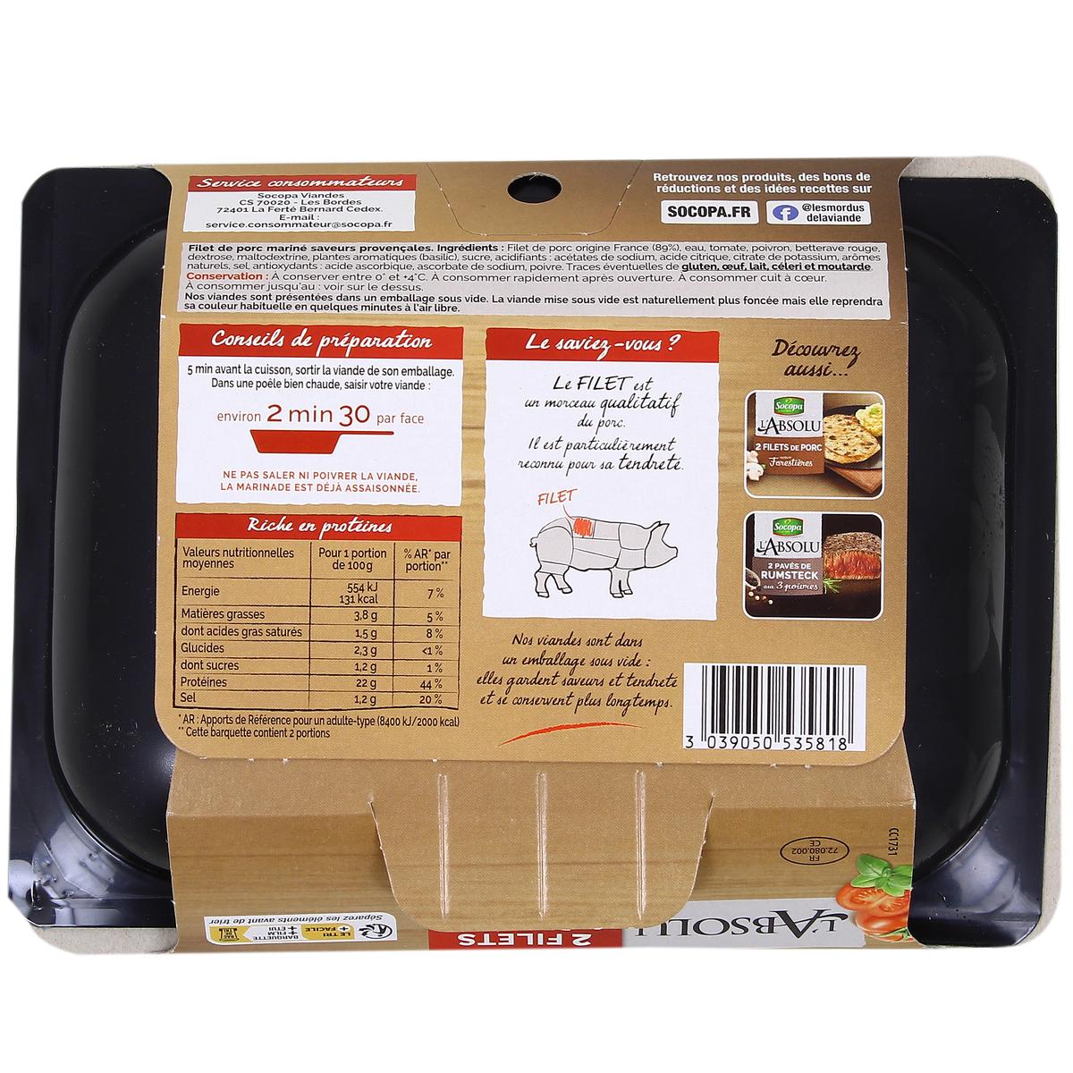 3039050535818 - Socopa - L'Absolu - Filets de Porc Marinés Saveurs Provençales