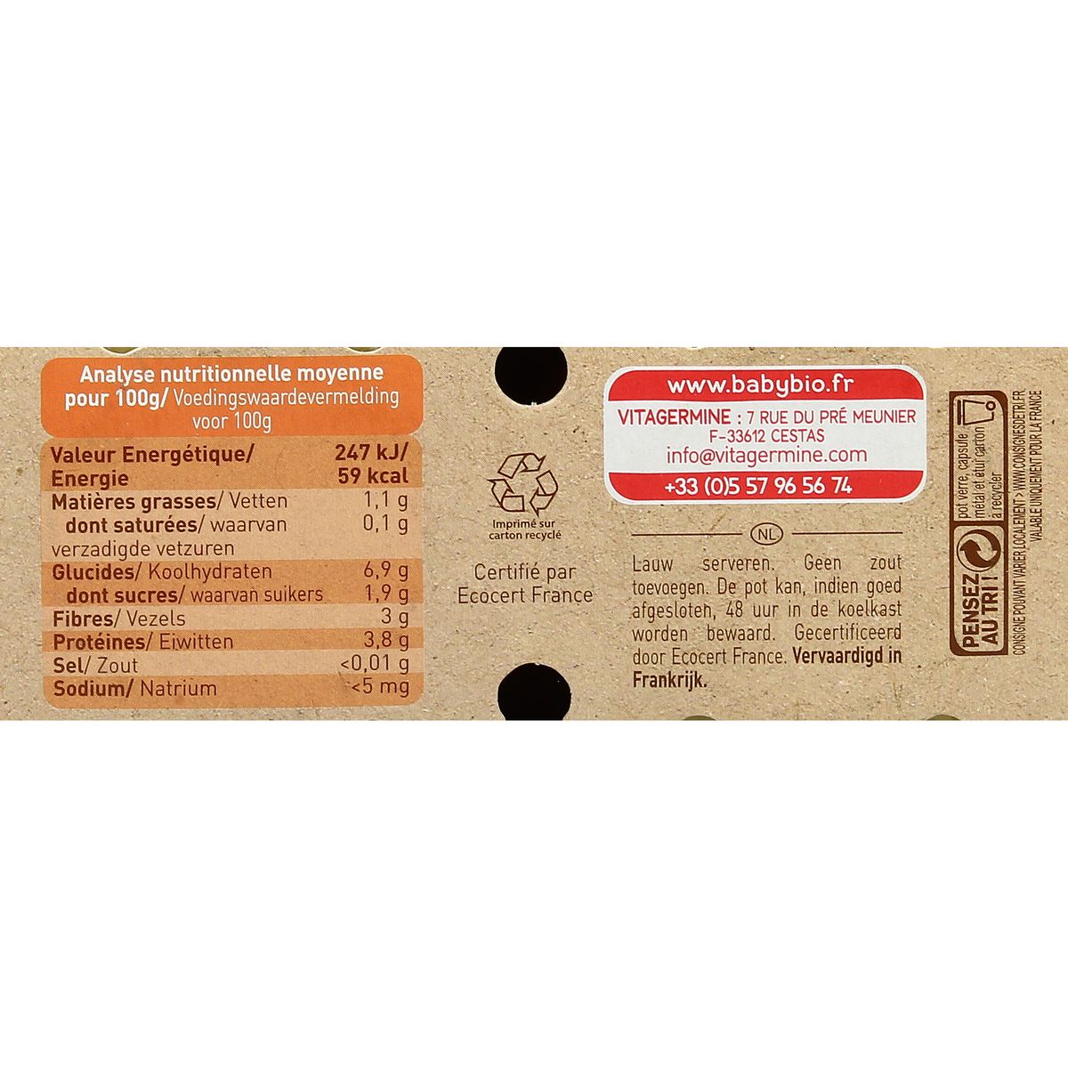3288131510019 - Babybio - Petits Pois, Panais, Courgette et Veau fermier d'Aquitaine Bio Pot Bébé Dès 6 mois