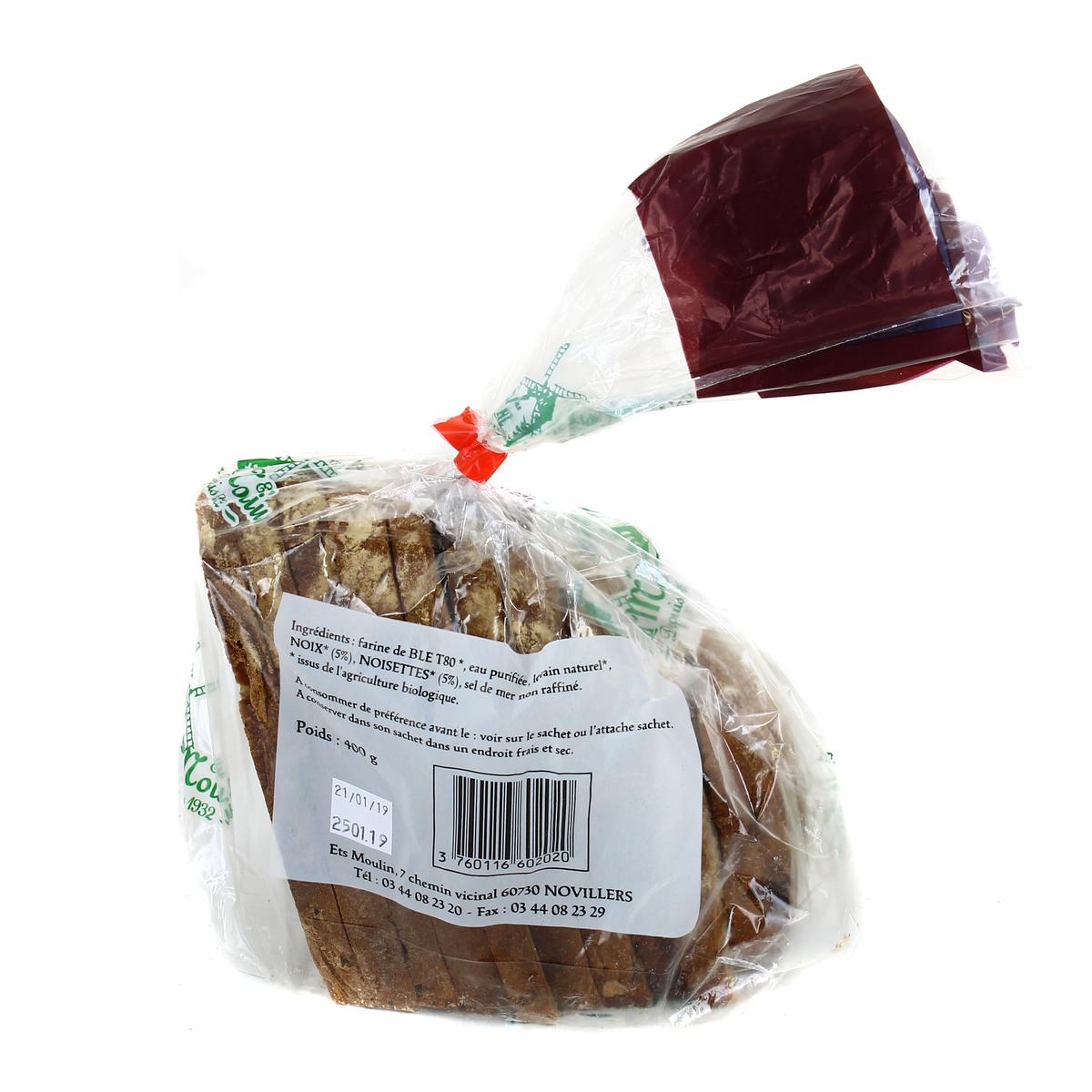 3760116602020 - Etablissements Moulin - Pain Frais Quart de Miche Noix Noisette Bio, tranché