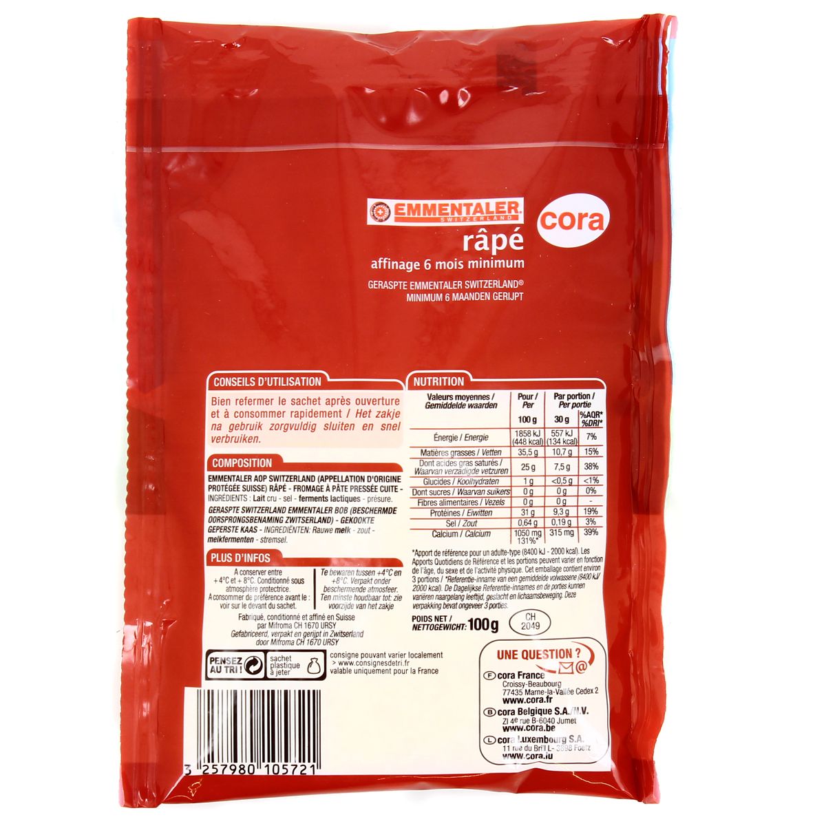 3257980105721 - Cora - Emmental râpé suisse au lait cru