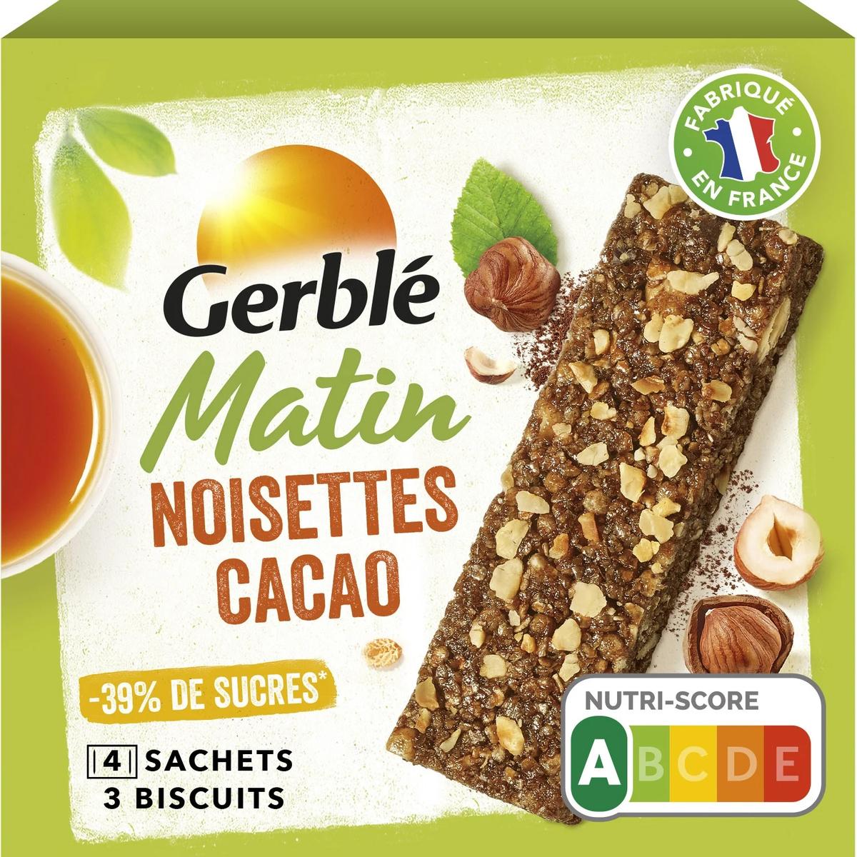 3175681302723 - Gerblé - 12 Barres Petit dejeuner Noisettes Cacao -39% de sucres en moins