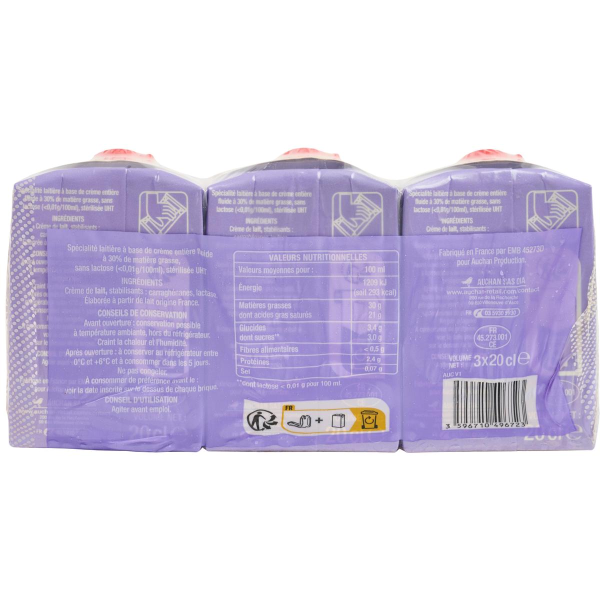 3596710496723 - Auchan - Crème fluide entière sans lactose 30%mg UHT