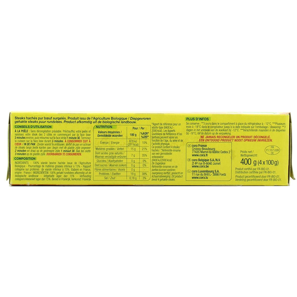 3257982138024 - Nature Bio - 4 Steaks hachés Bio pur boeuf 15% Mg 4x100g
