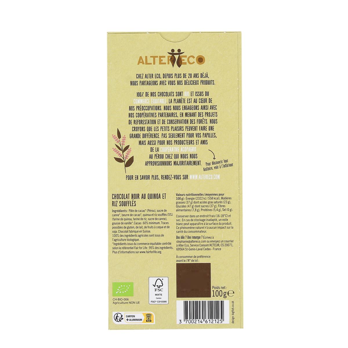 3700214612125 - Alter Eco - Commerce Equitable - Chocolat noir Quinoa Soufflé 60% Cacao Bio du Pérou