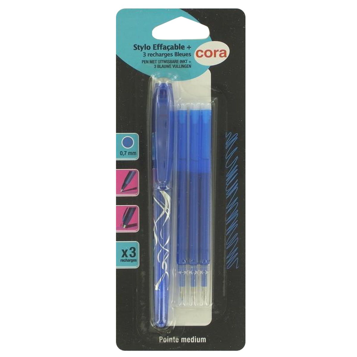 3257984538525 - Cora - Stylo thermosensible encre bleue + 3 recharges