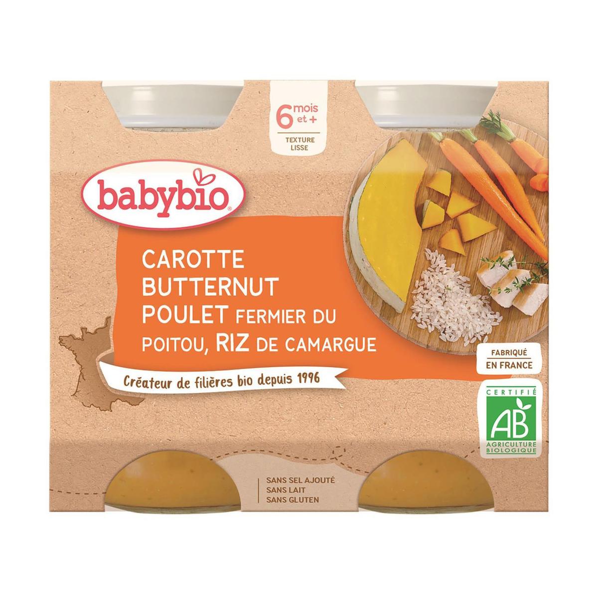 3288131510026 - Babybio - Carotte, Butternut, Poulet Fermier et Riz de Camargue Bio Pot Bébé Dès 6 mois