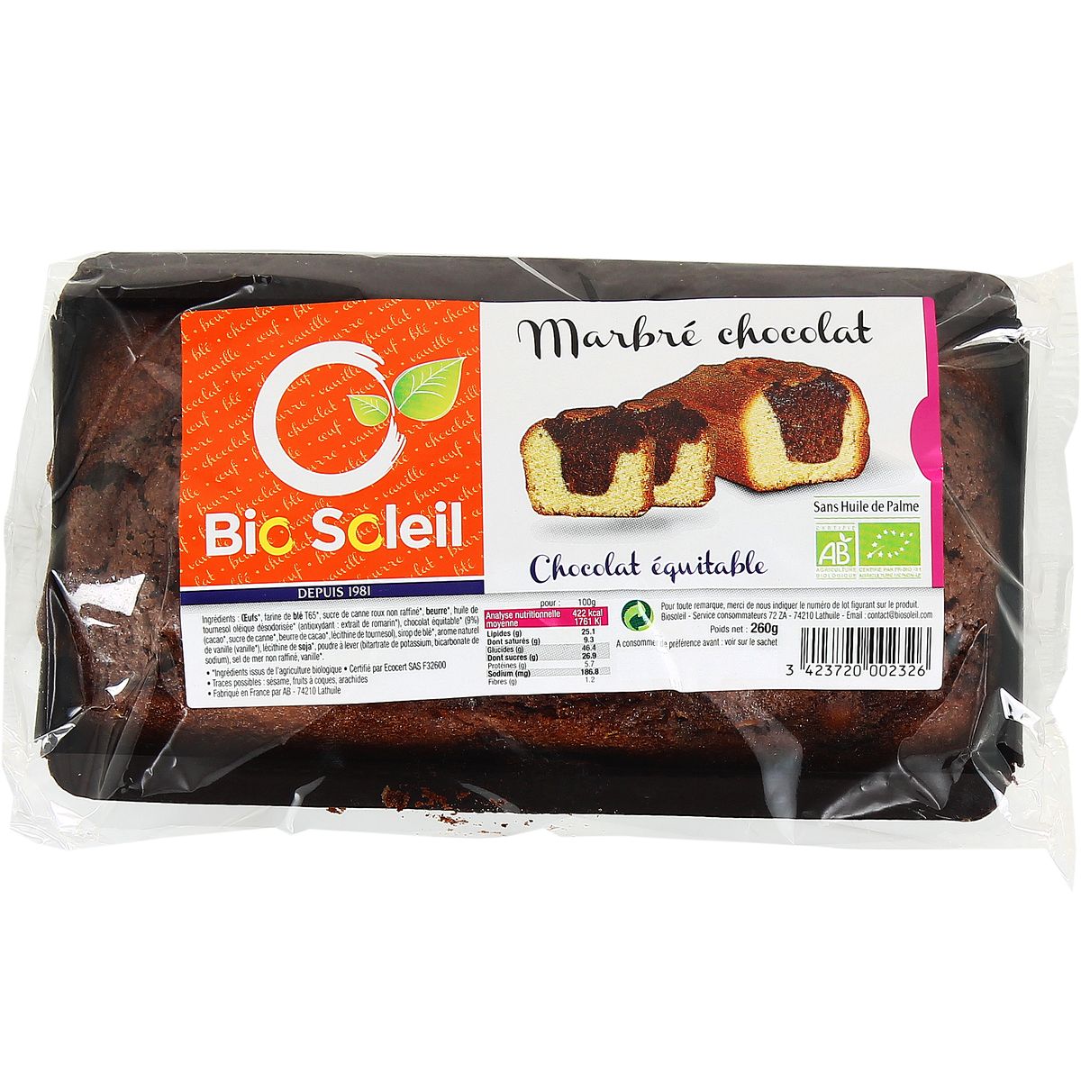 Livraison A Domicile Bio Soleil Cake Bio Marbre Chocolat 260g