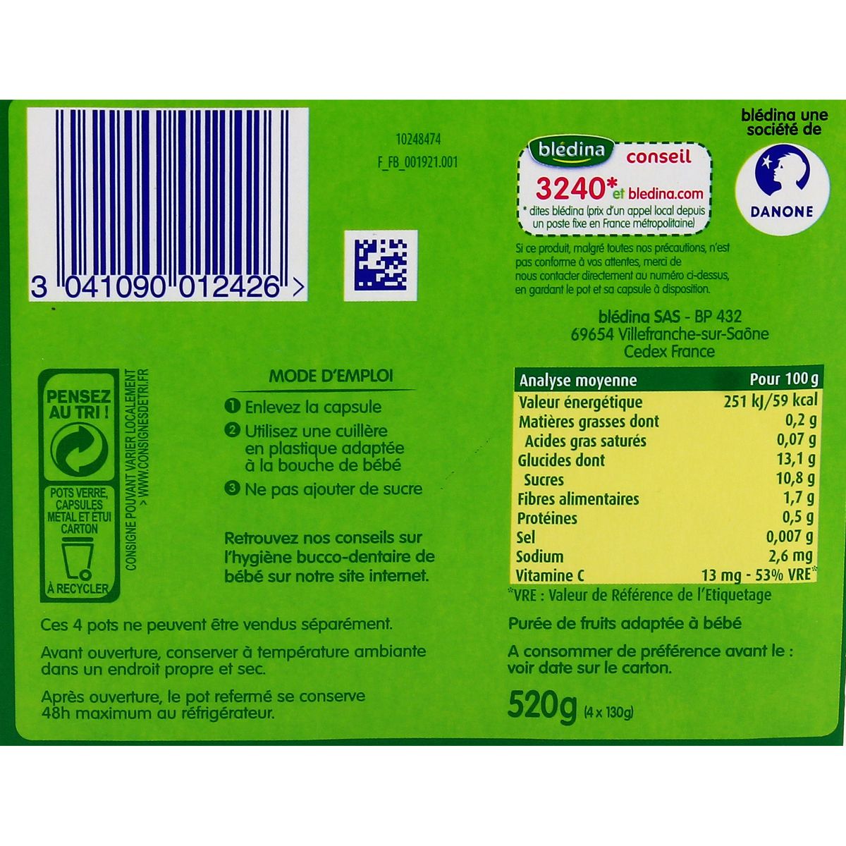 3041090012426 - Blédina - Pommes banane Pot Bébé dès 4 mois