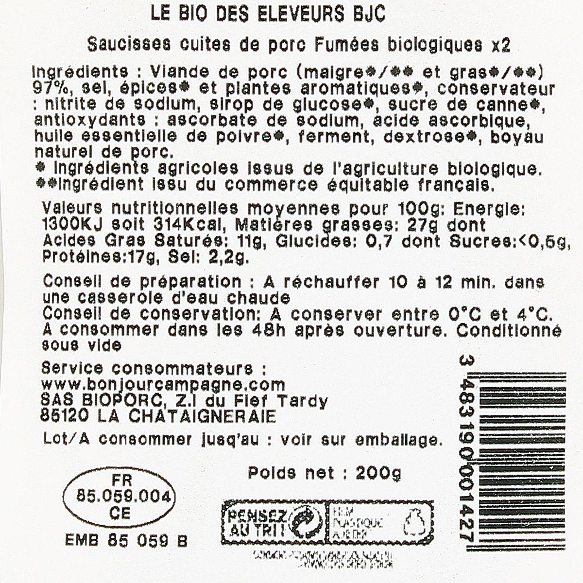3483190001427 - Bonjour Campagne - Saucisse Fumée Bio, 200g