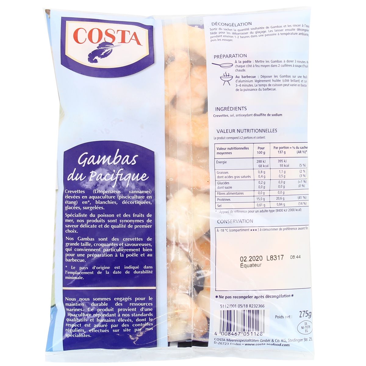 4008467051128 - Costa - Gambas du Pacifique décortiquéees ASC- 14 à 21 pièces