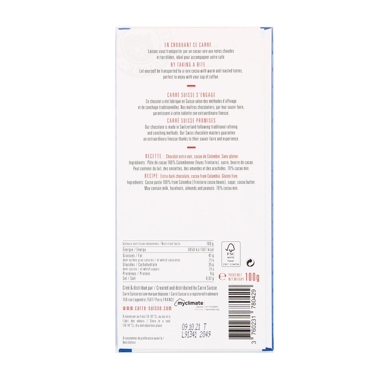 3760231780429 - Carré Suisse - Chocolat extra noir 70% Sélection de Colombie