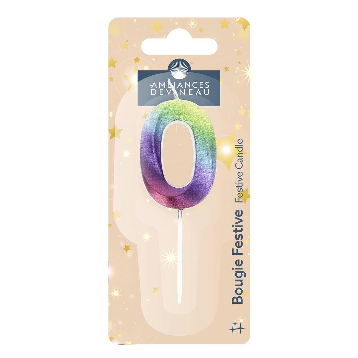 3482356828229 - Ambiances Devineau - Bougie anniversaire chiffre 0 multicolore