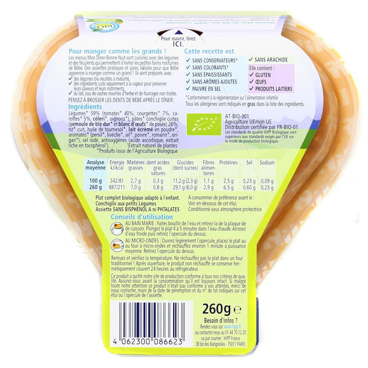 2050000394430 - Hipp - Mon Dîner Bonne Nuit - Conchiglie aux Petits Légumes Bio Assiette Bébé Dès 18 mois