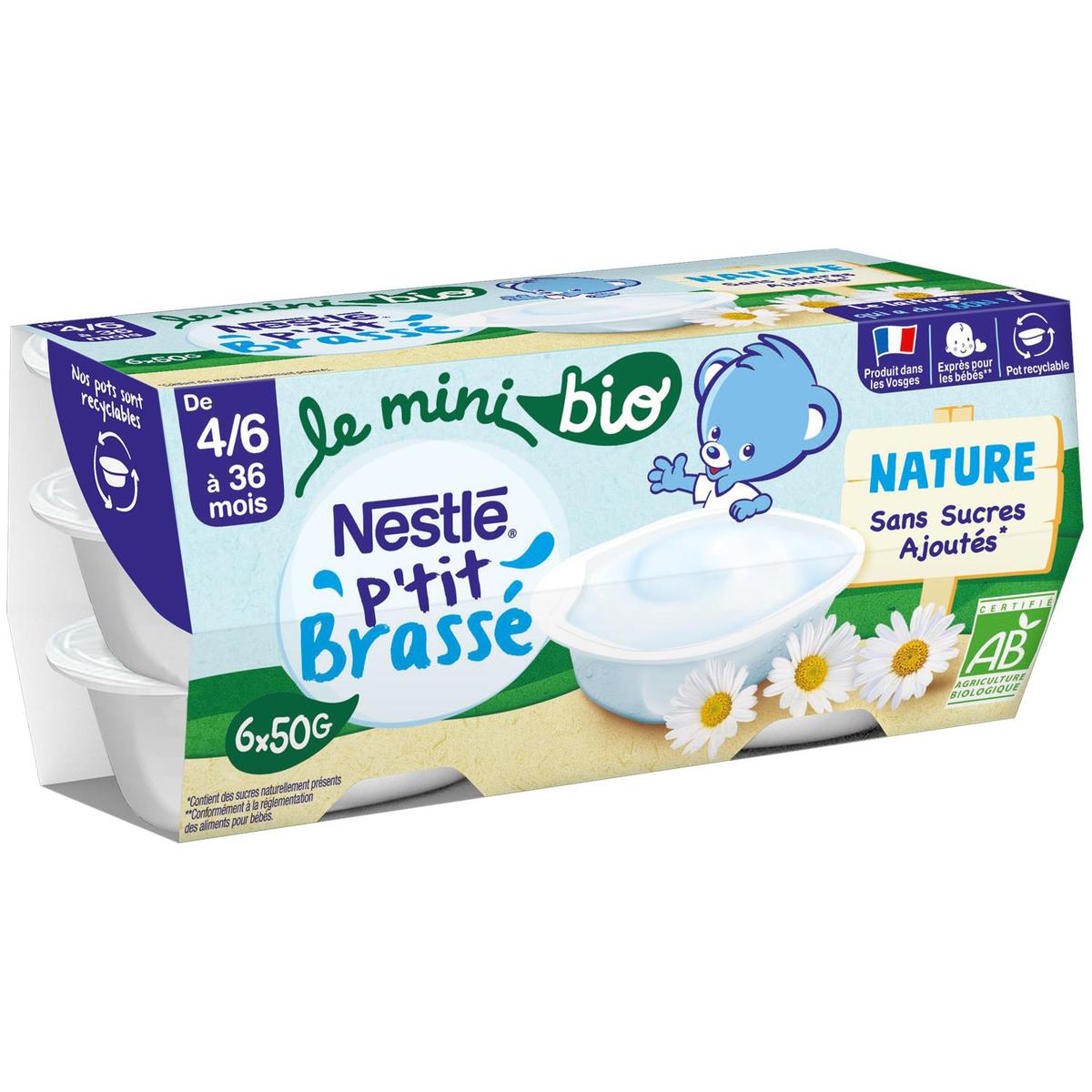 Nestlé - P'tit Brassé Dessert Lacté Mini Nature Bio Coupelle Bébé Dès 4 Mois