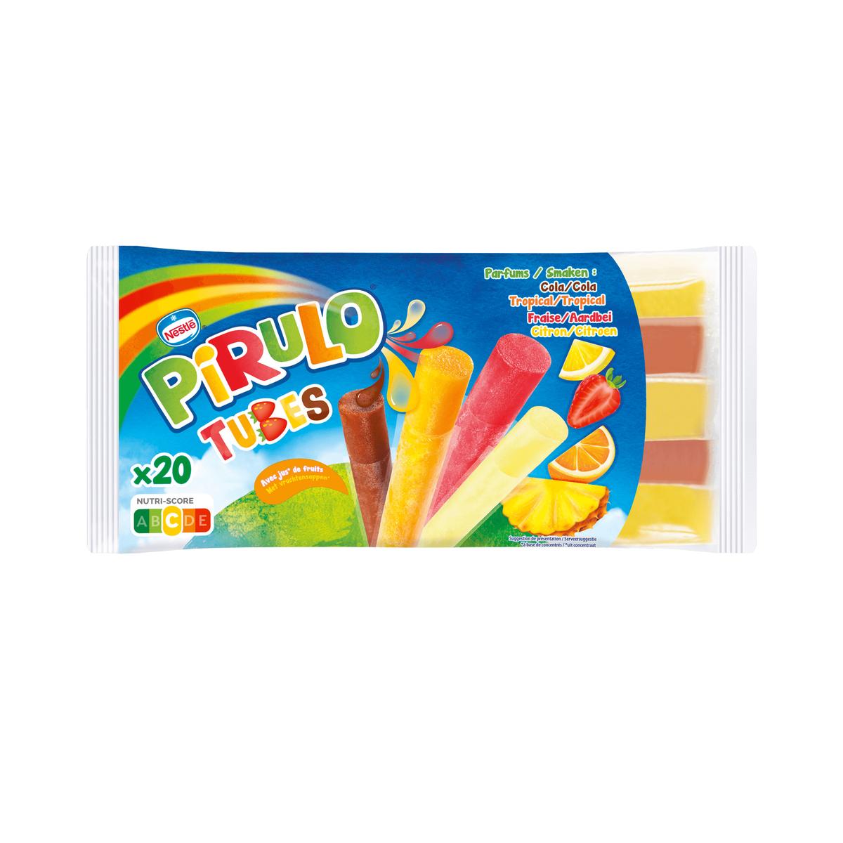 3274667005334 - Pirulo - 20 tubes de glaces à l'eau 4 parfums - Fraise, Cola, Citron, Tropical 20x40ml 