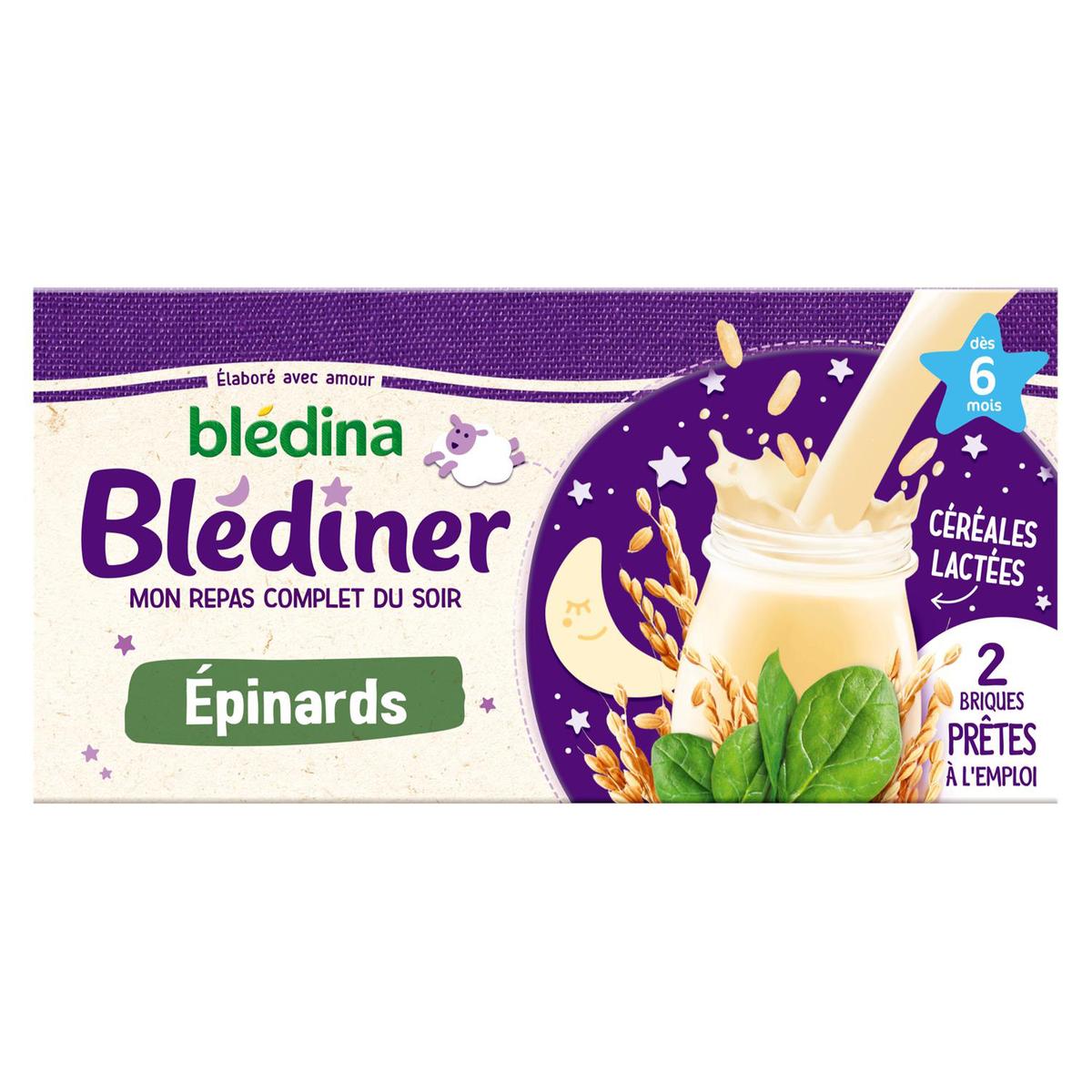 Blediner Bledina Plat pour bébé 8 mois, petites pâtes épinards touche de  crème 