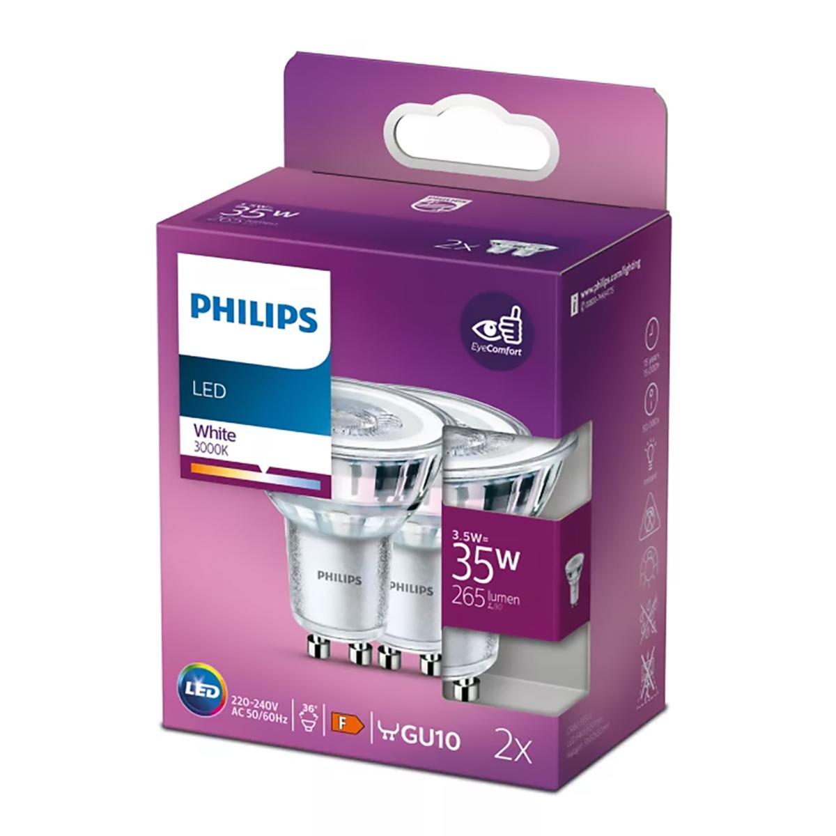 8718699776237 - Philips - 2 Ampoules GU10 LED Spot Blanc Chaud 3,5W
