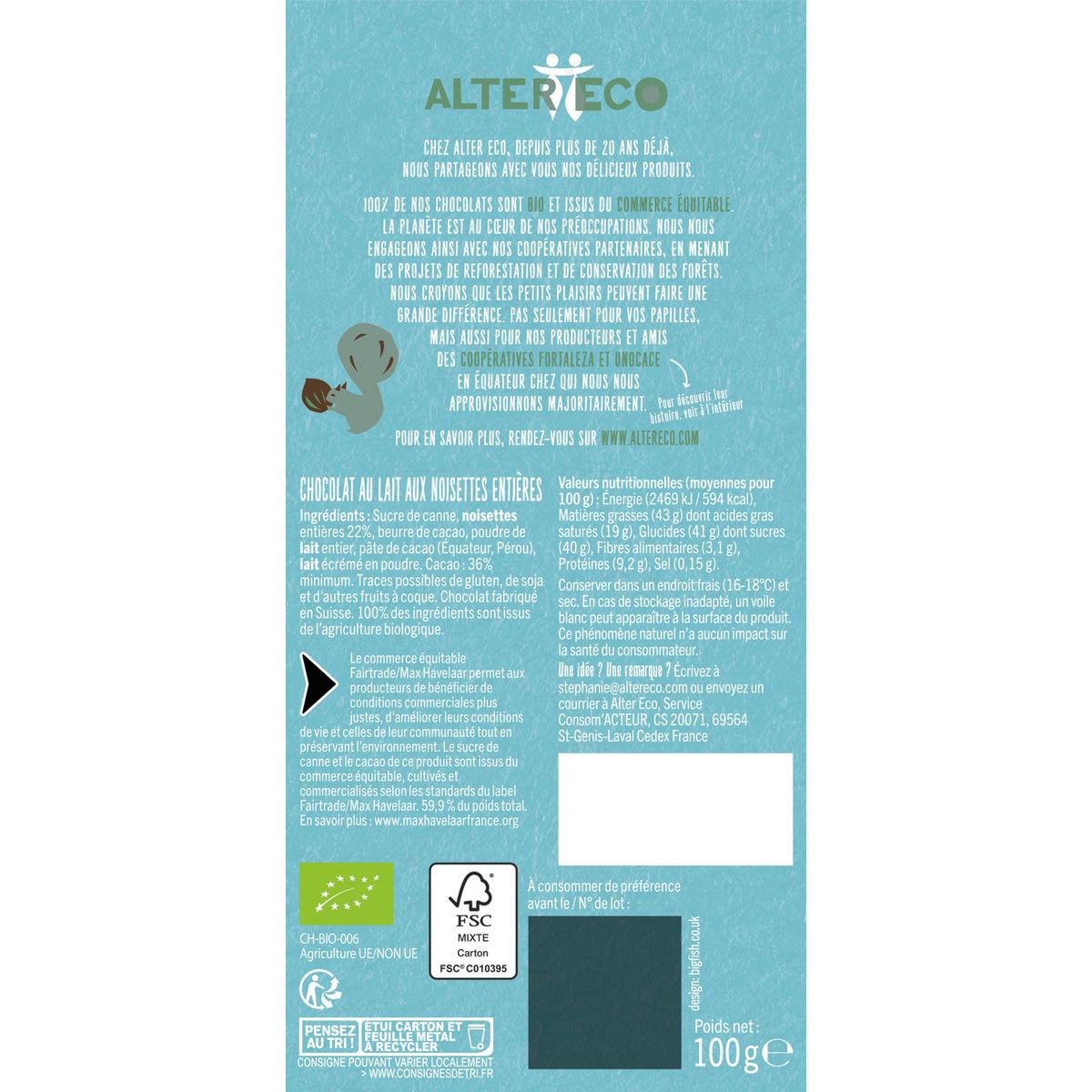 3700214610039 - Alter Eco - Commerce Equitable - Chocolat Lait et Noisettes entières 36% Cacao Bio d'Equateur ou Pérou