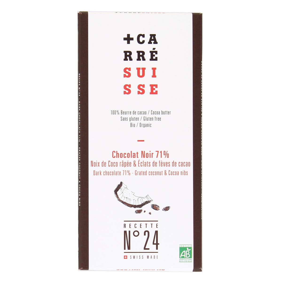 3760231780139 - Carré Suisse - Chocolat noir Bio 71% Noix de Coco râpée- N° 24