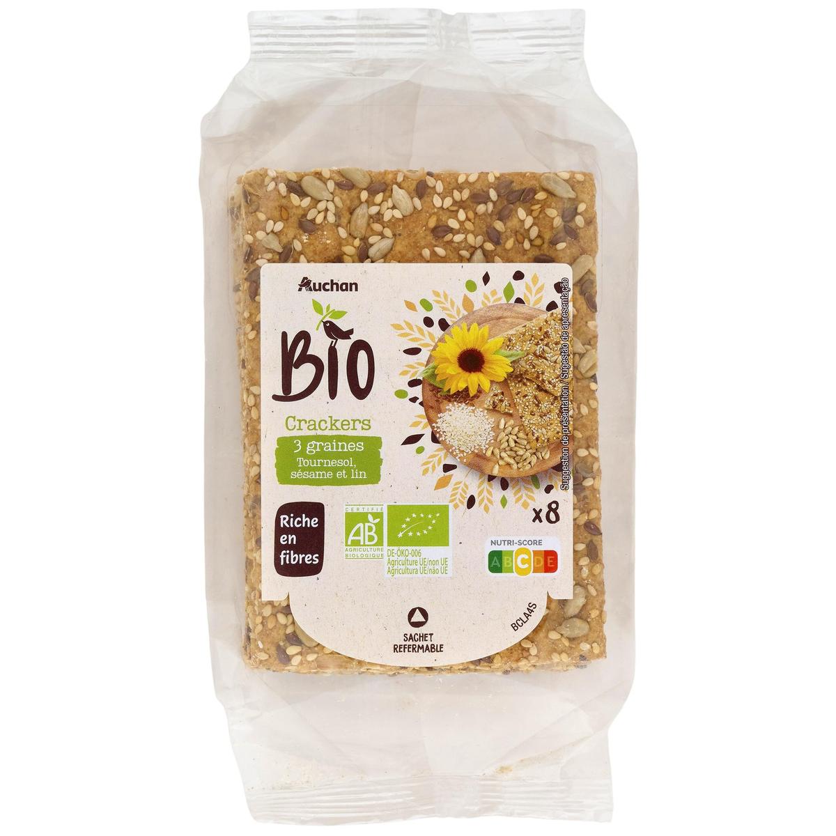 3596710464739 - Auchan BIO - Crackers 3 graines tournesol sésame et lin bio x8
